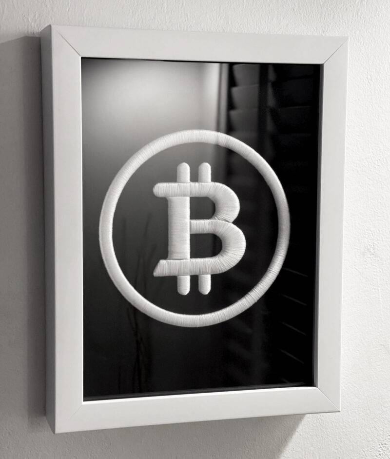 White BTC-Bitcoin Logo 3D Embroidery Artwork in Matte White Thick Frame - รูปภาพ 2