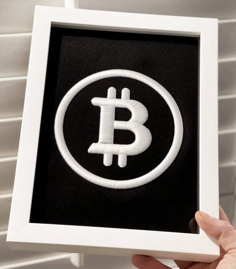 White BTC-Bitcoin Logo 3D Embroidery Artwork in Matte White Thick Frame - รูปภาพ 3