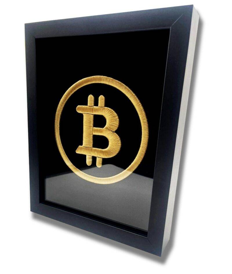 Golden BTC-Bitcoin Logo 3D Embroidery Artwork in Matte Black Thick Frame