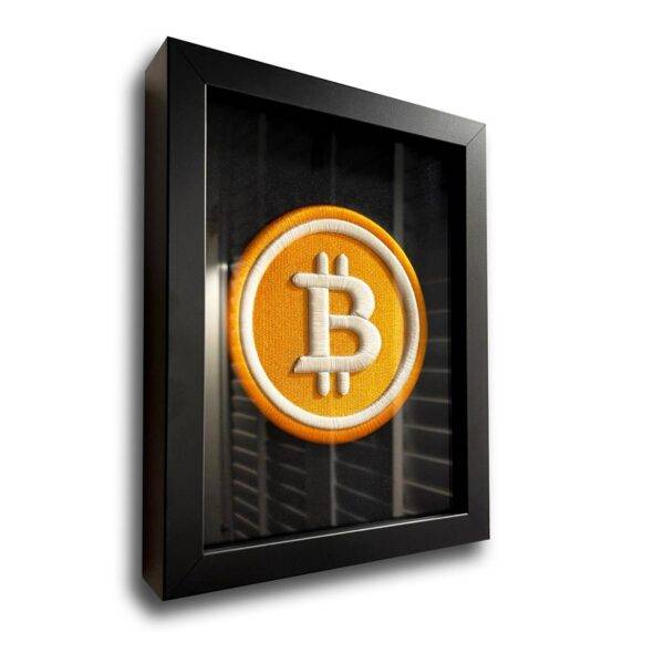Original BTC-Bitcoin Logo 3D Embroidery Artwork in Matte Black Thick Frame