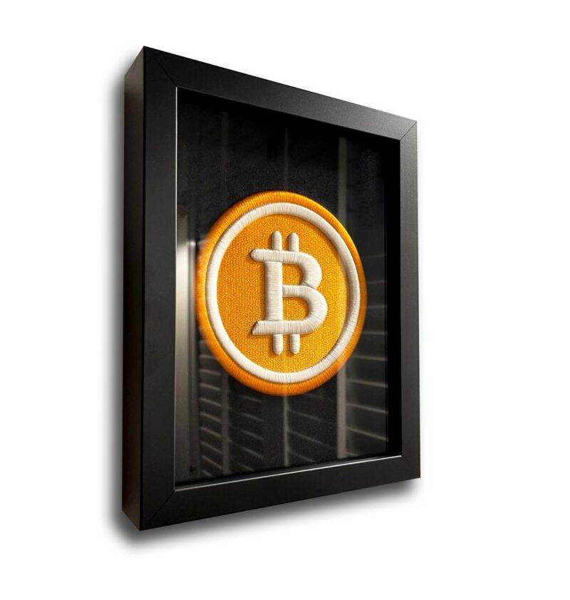 Original BTC-Bitcoin Logo 3D Embroidery Artwork in Matte Black Thick Frame