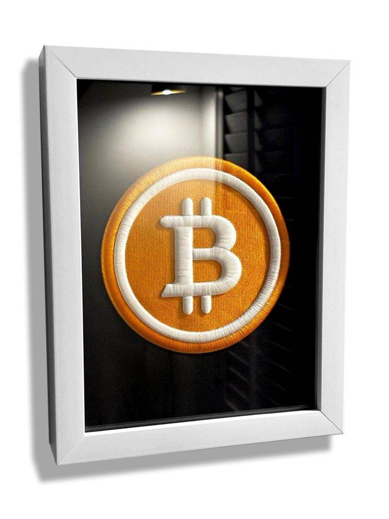 Original BTC-Bitcoin Logo 3D Embroidery Artwork in Matte White Thick Frame