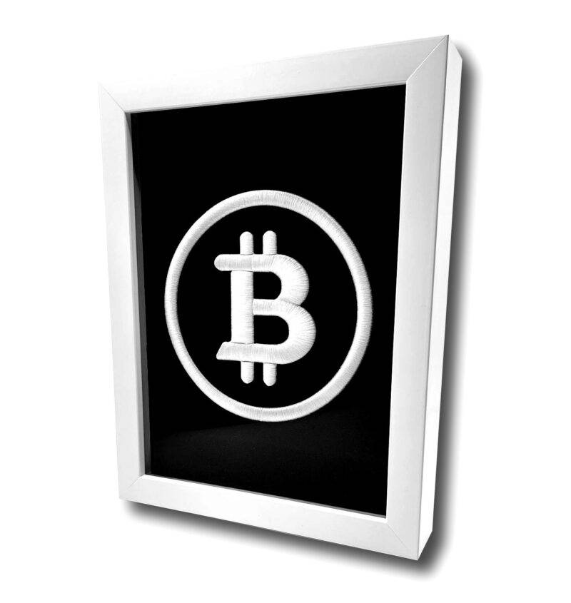 White BTC-Bitcoin Logo 3D Embroidery Artwork in Matte White Thick Frame