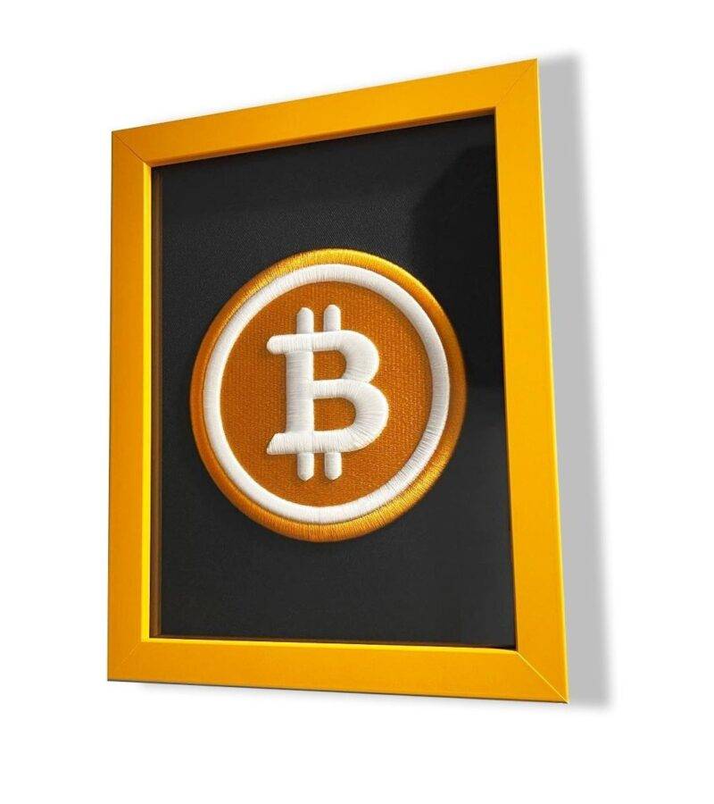 Original BTC-Bitcoin Logo 3D Embroidery Artwork in Matte Orange Thick Frame