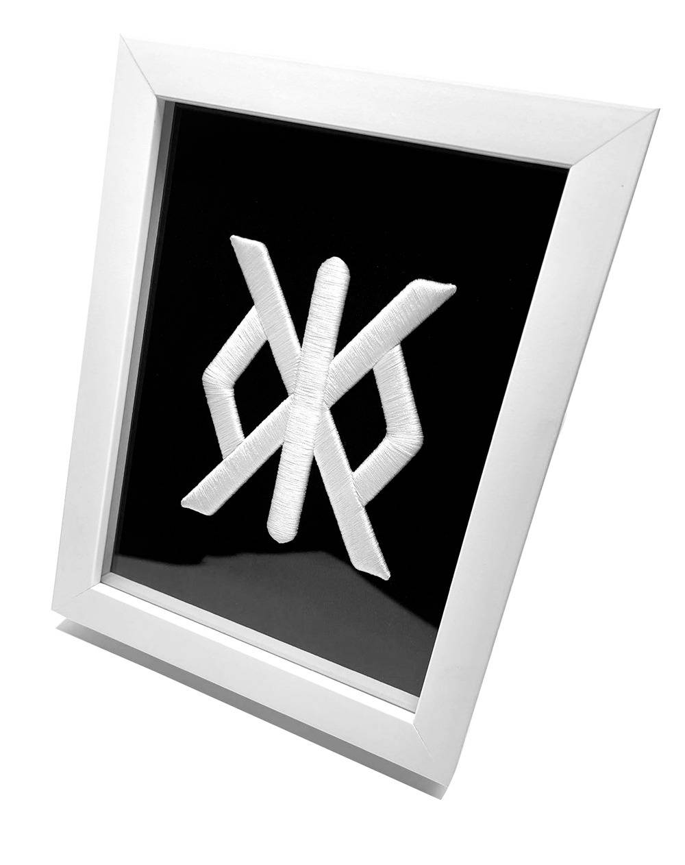 White Runestone Logo 3D Embroidery Artwork in Matte White Thick Frame