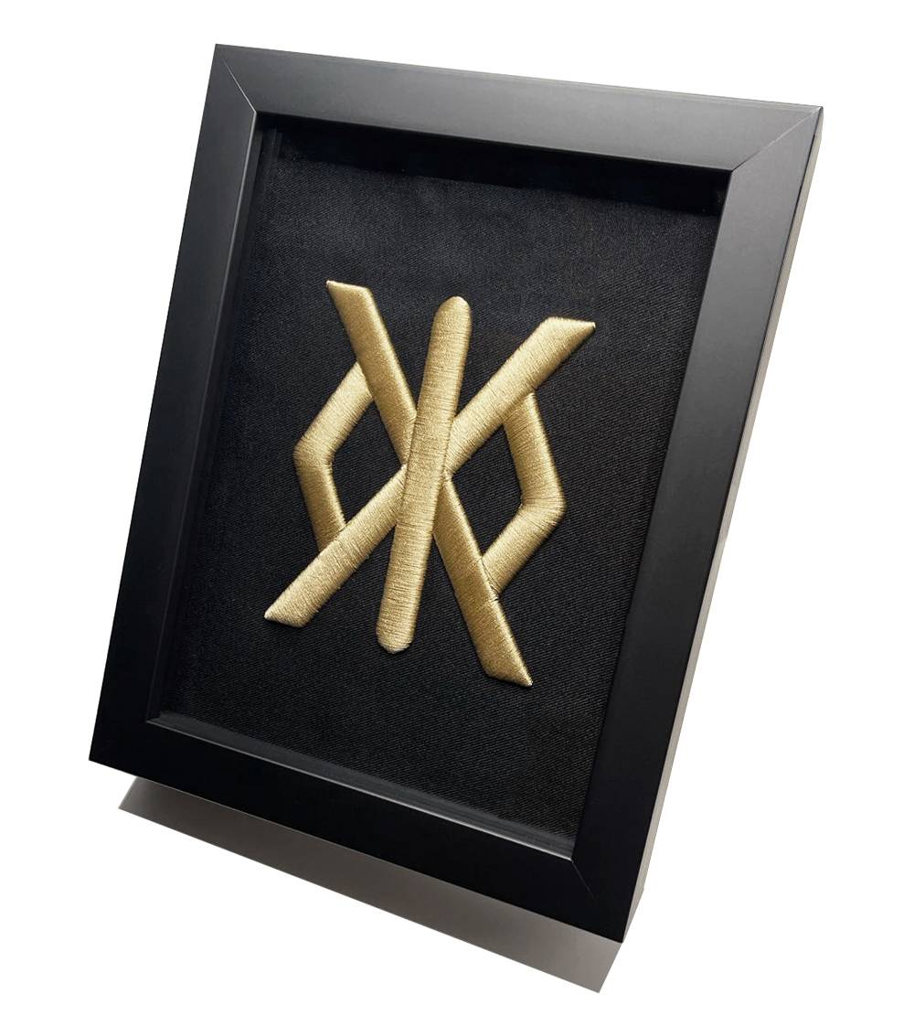 Golden Runestone Logo 3D Embroidery Artwork in Matte Black Thick Frame